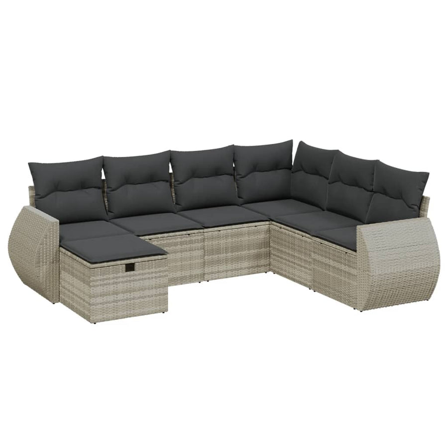 7-delige Loungeset met kussens poly rattan lichtgrijs