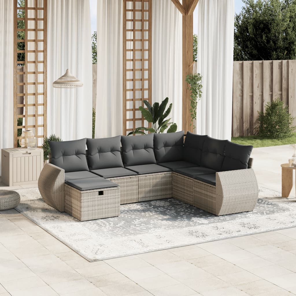 7-delige Loungeset met kussens poly rattan lichtgrijs