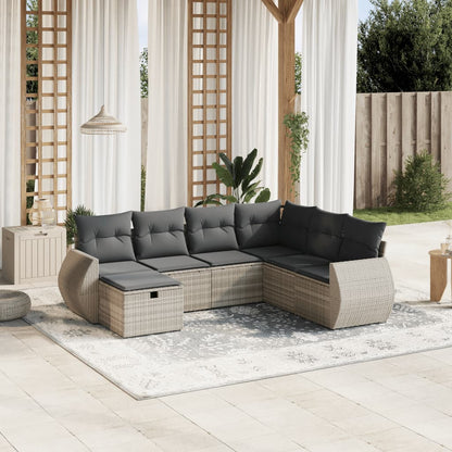 7-delige Loungeset met kussens poly rattan lichtgrijs