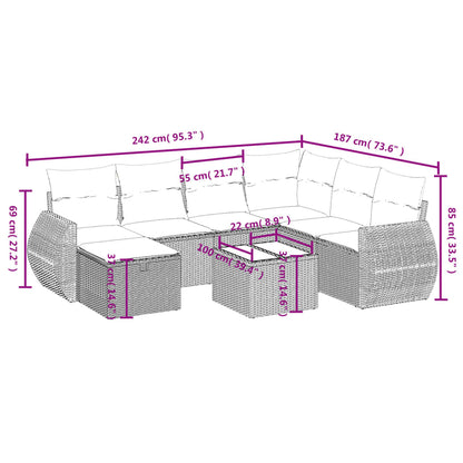 8-delige tuinbankset met kussens, grijs polyrotan