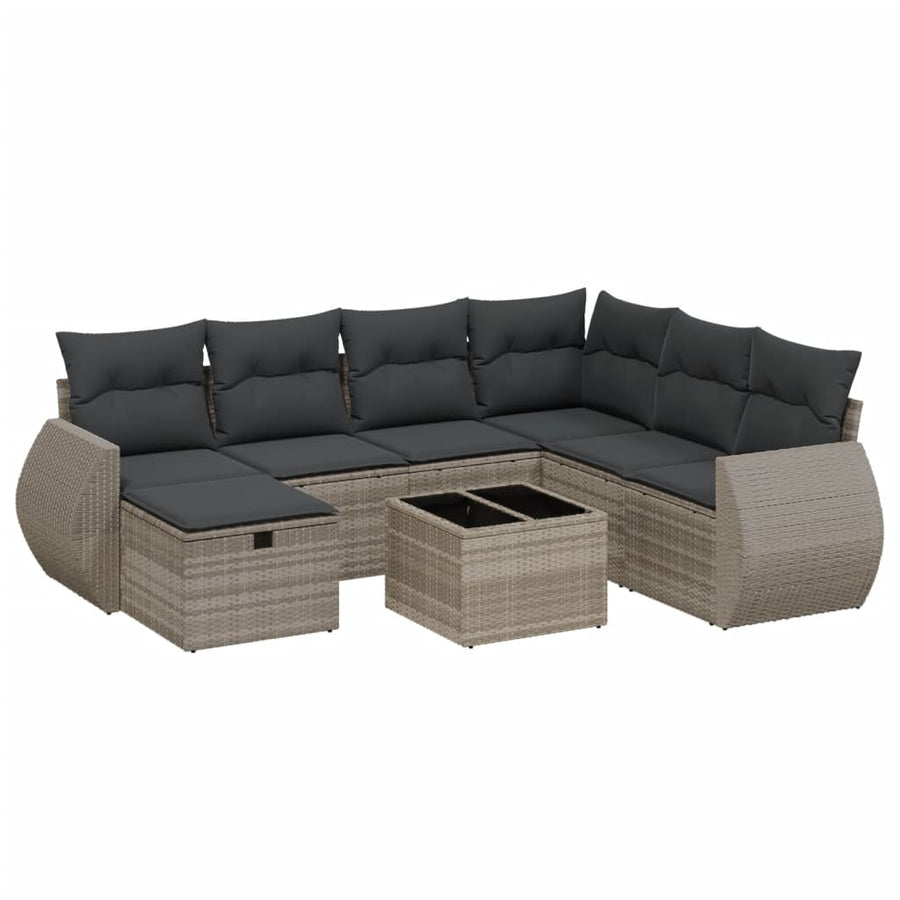 8-delige Loungeset met kussens poly rattan lichtgrijs