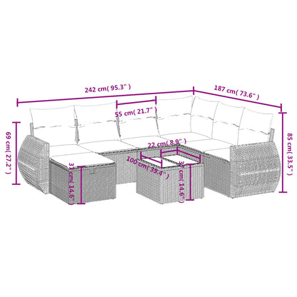 8-delige Loungeset met kussens poly rattan lichtgrijs