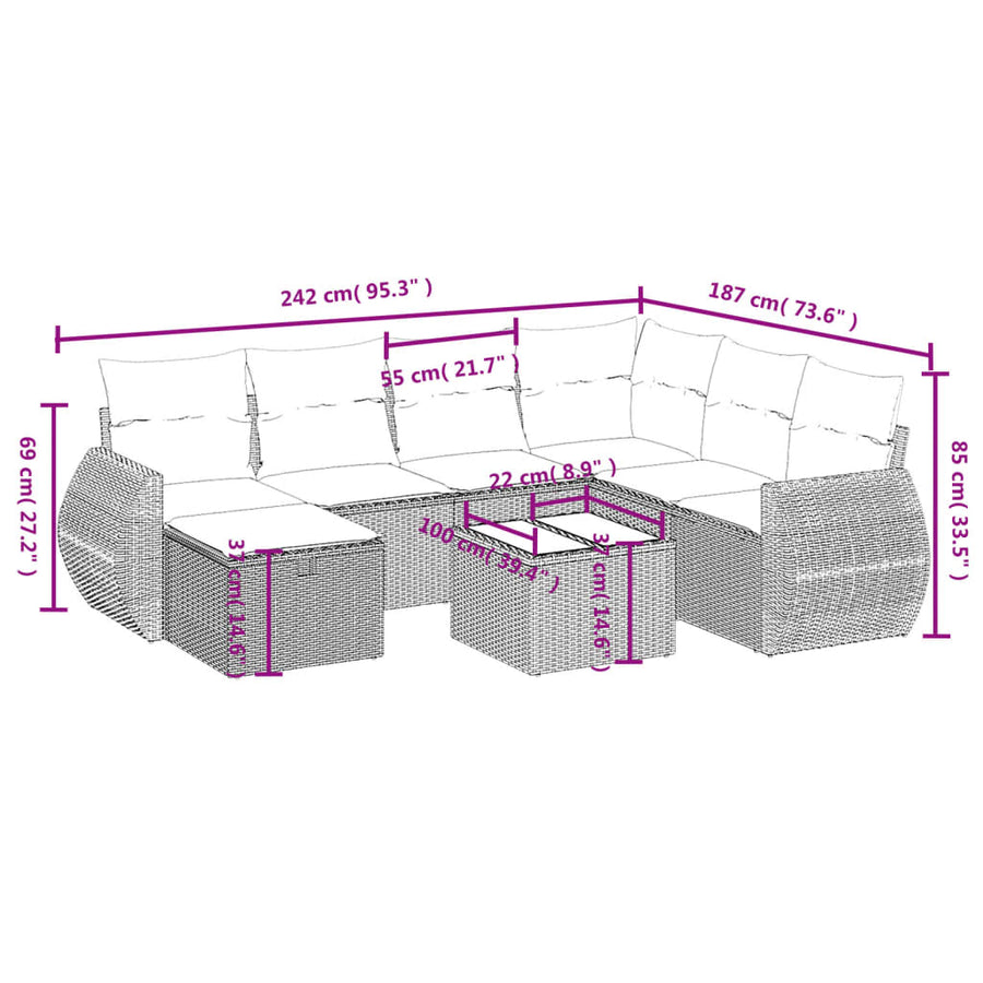 8-delige Loungeset met kussens poly rattan lichtgrijs