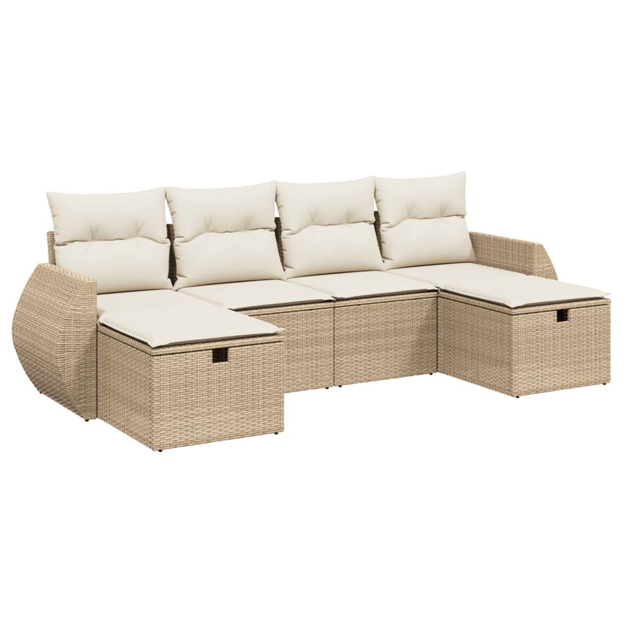 6-delige Loungeset met kussens poly rattan beige