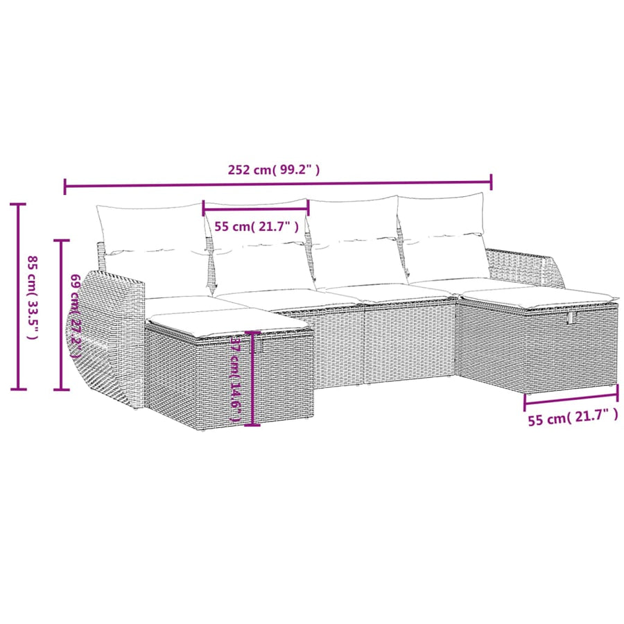 6-Delige Loungeset Met Kussens Poly Rattan Grijs