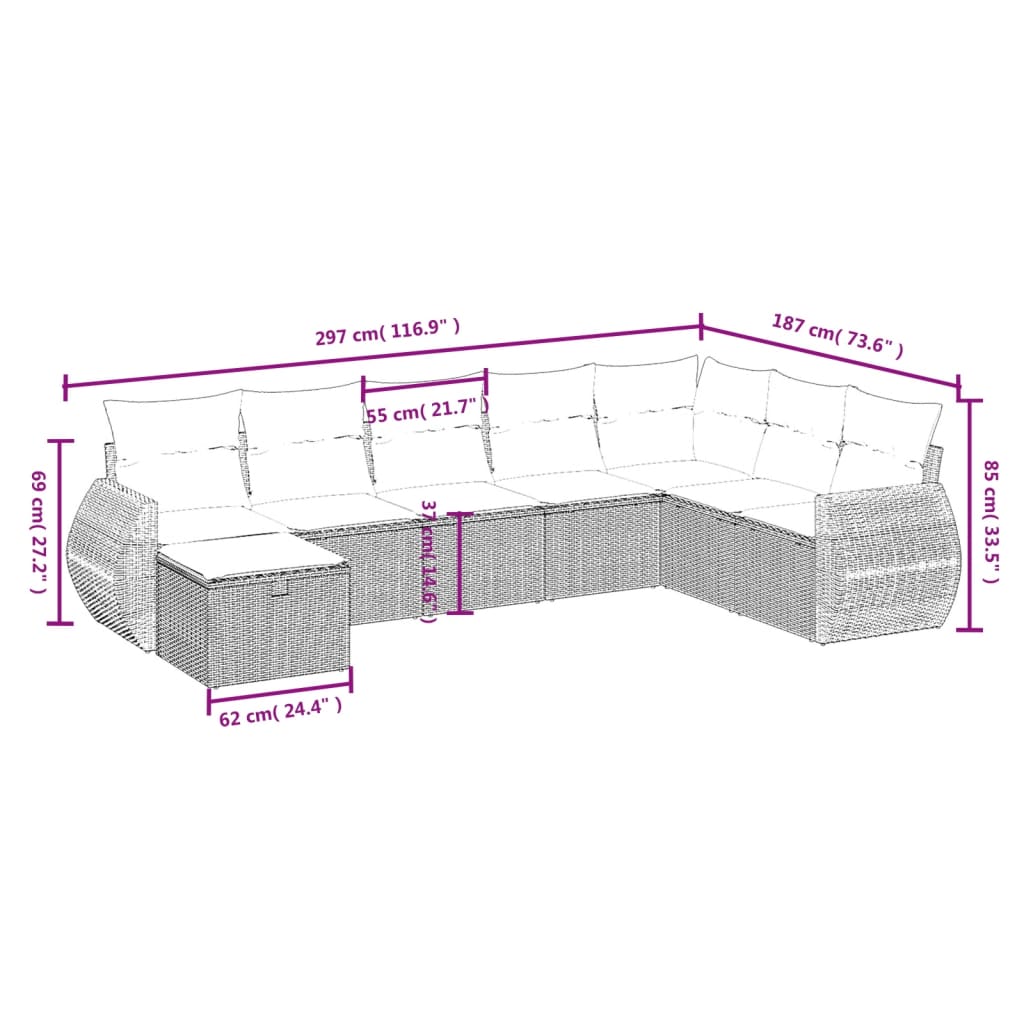 8-delige Loungeset met kussens poly rattan zwart