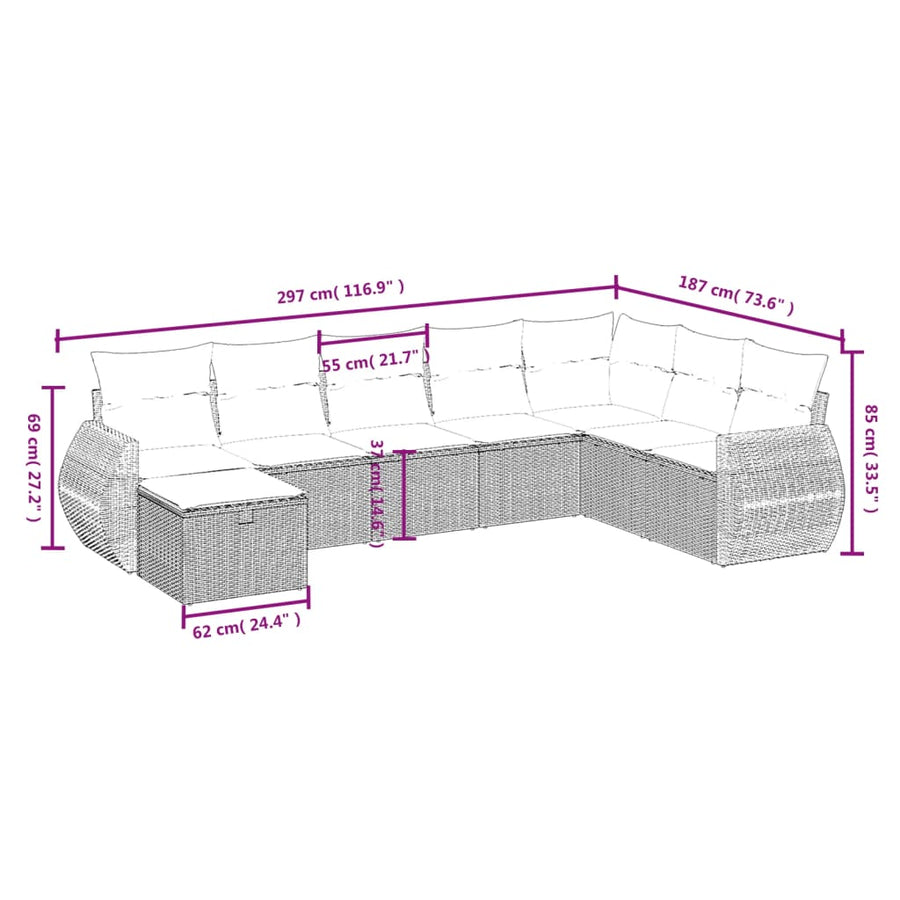 8-delige Loungeset met kussens poly rattan lichtgrijs