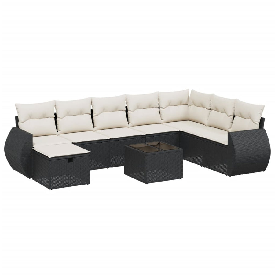 9-delige Loungeset met kussens poly rattan zwart