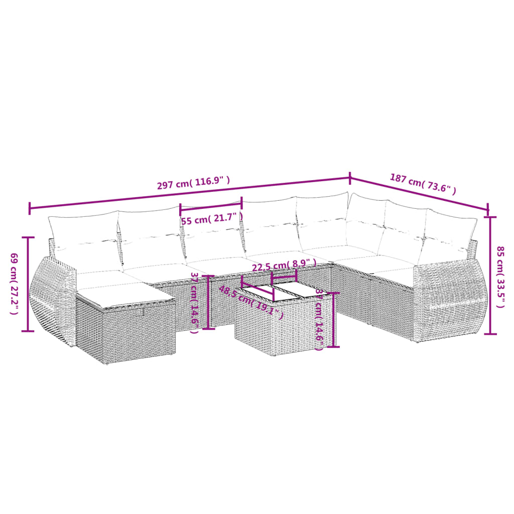 9-delige Loungeset met kussens poly rattan zwart