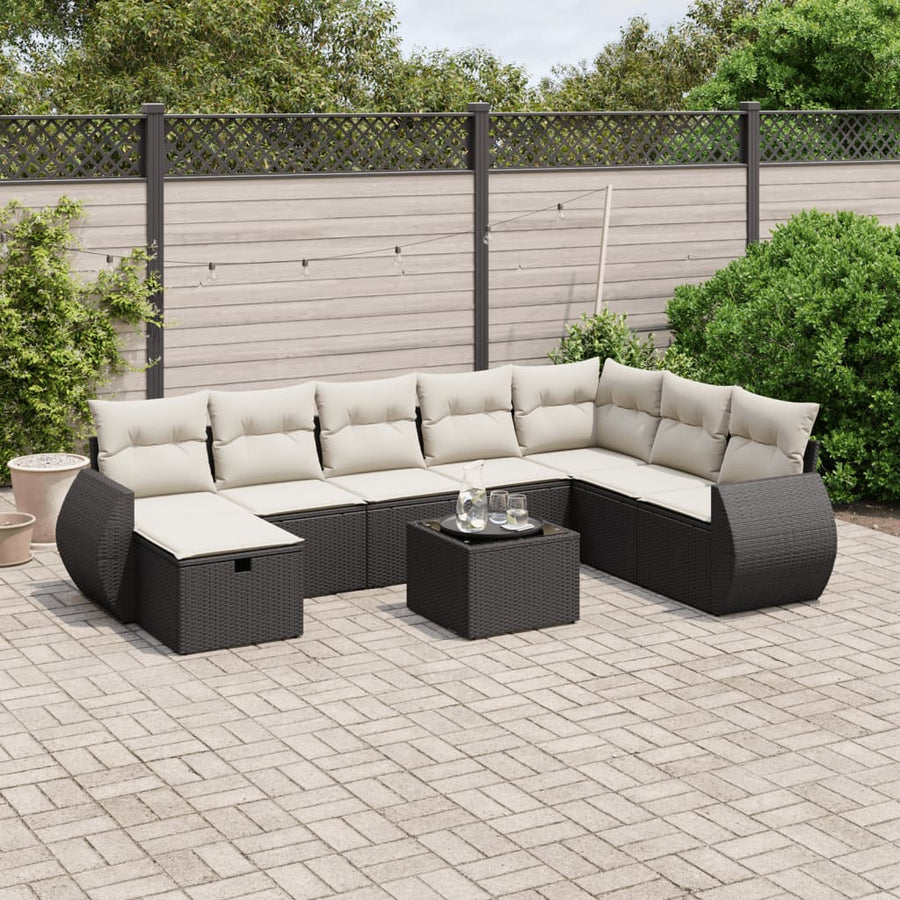 9-delige Loungeset met kussens poly rattan zwart
