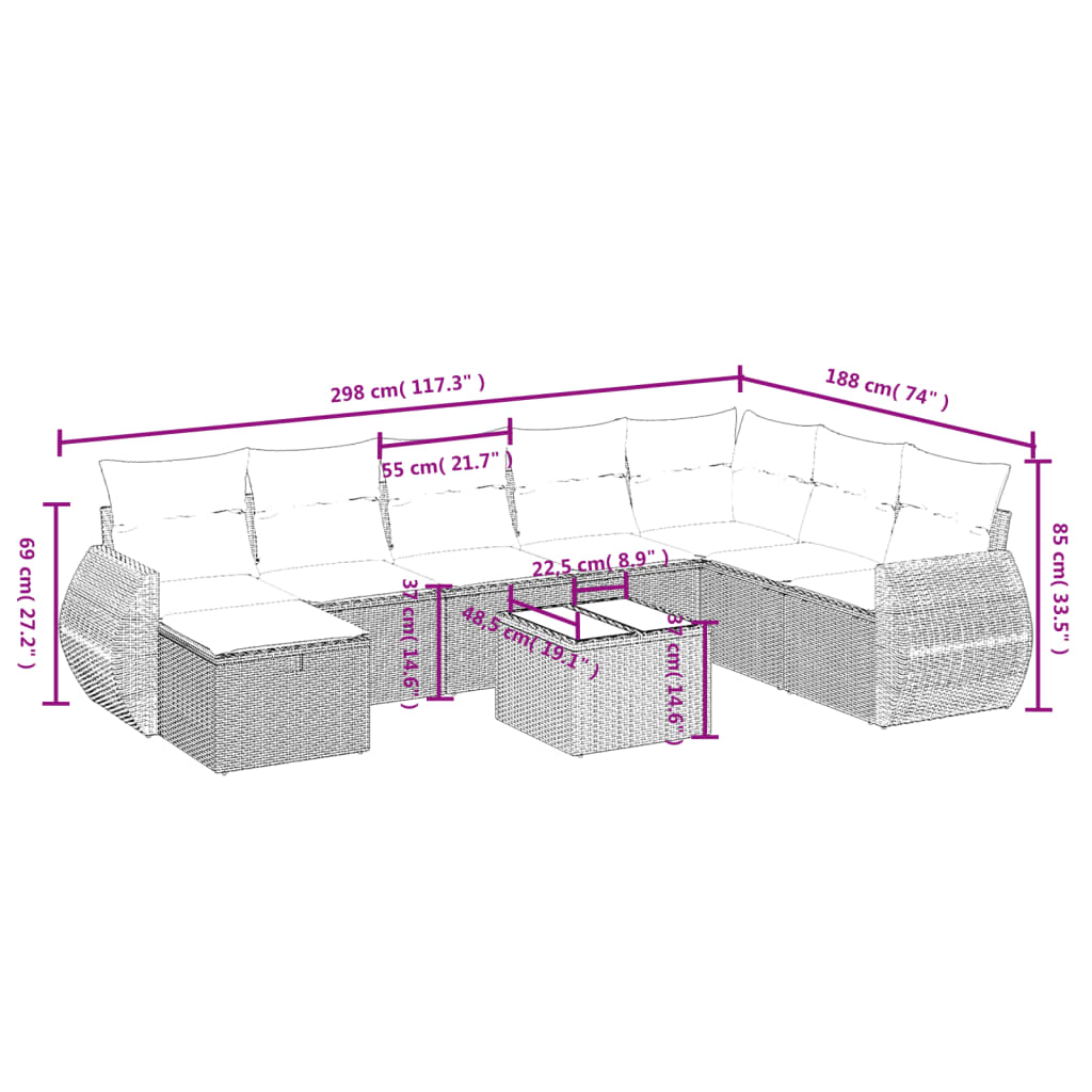 9-Delige Loungeset Met Kussens Poly Rattan Beige