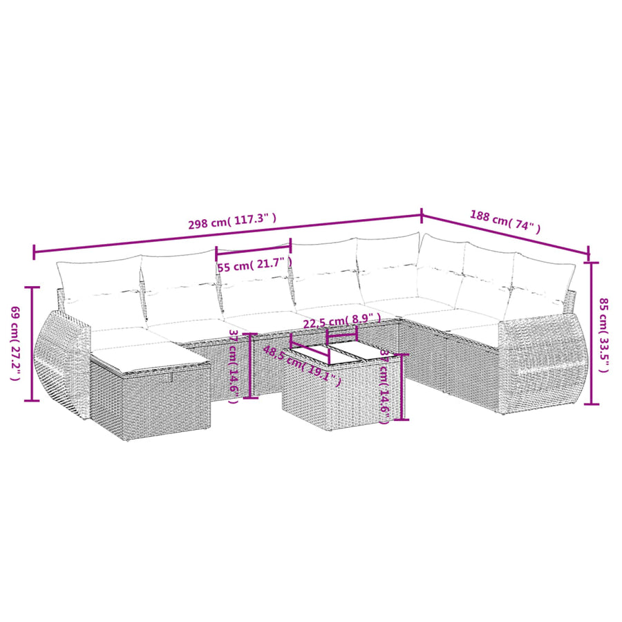 9-Delige Loungeset Met Kussens Poly Rattan Beige
