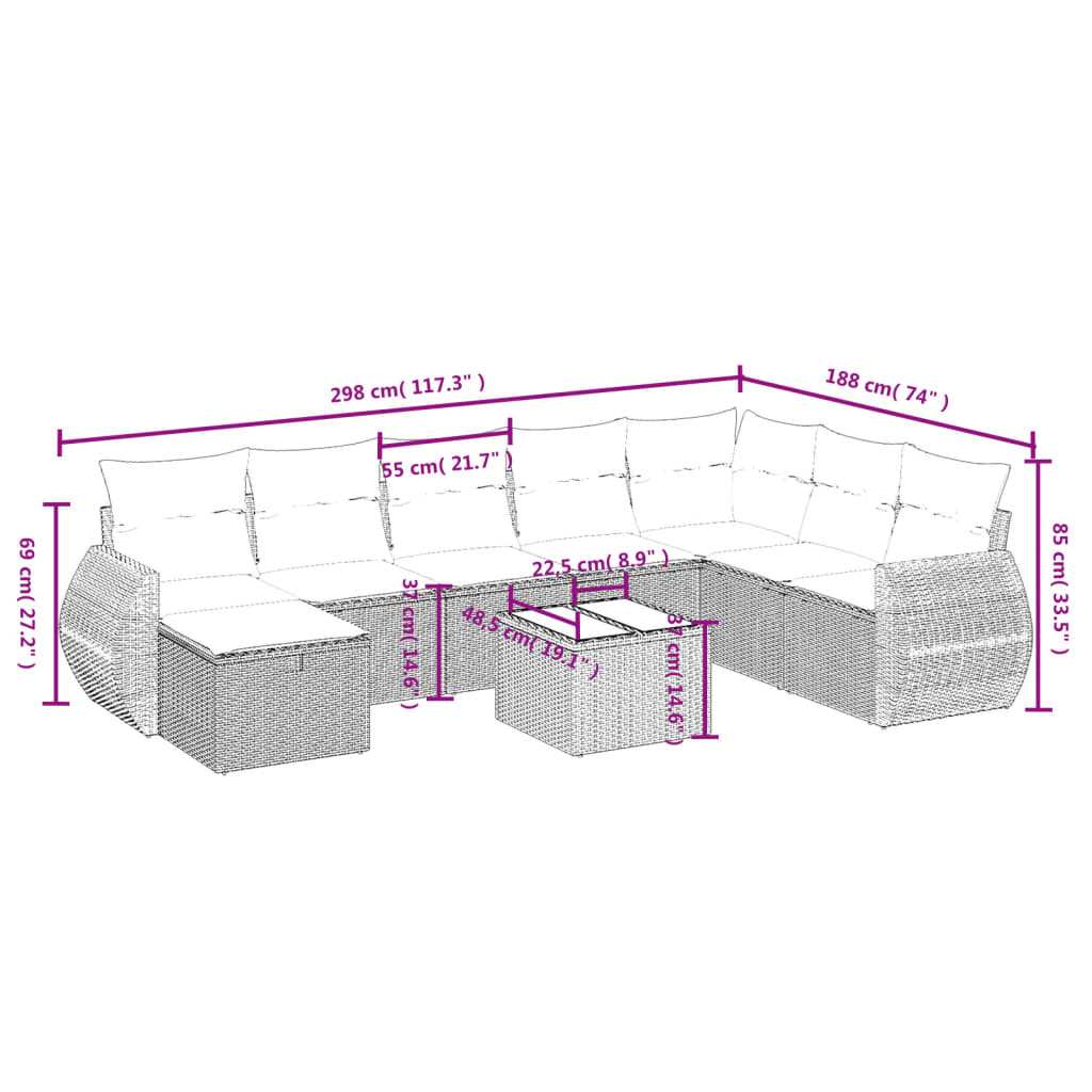 9-Delige Loungeset Met Kussens Poly Rattan Grijs