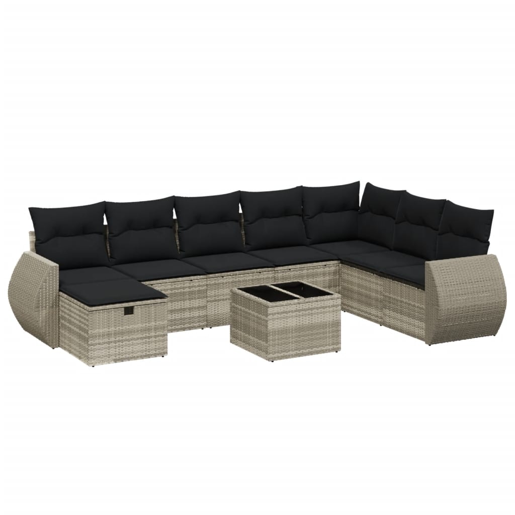 9-delige Loungeset met kussens poly rattan lichtgrijs