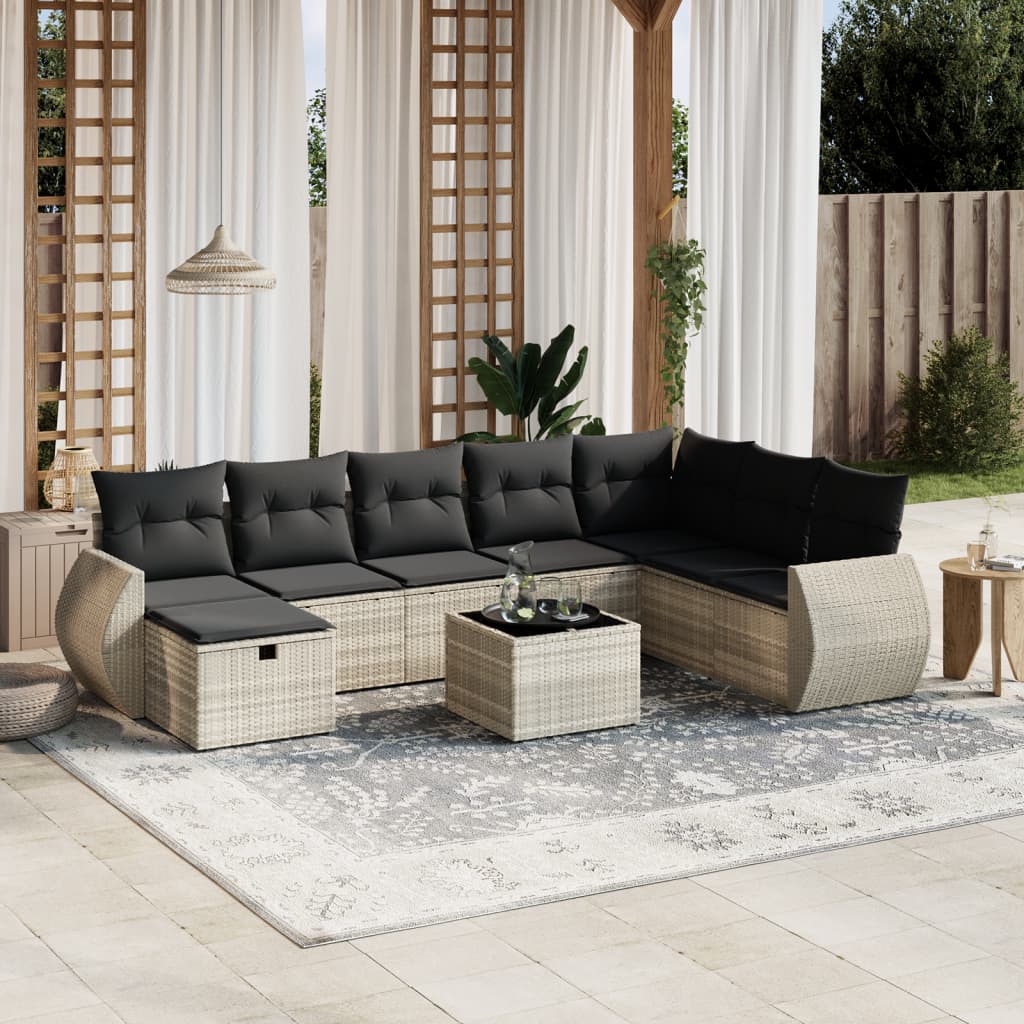 9-delige Loungeset met kussens poly rattan lichtgrijs