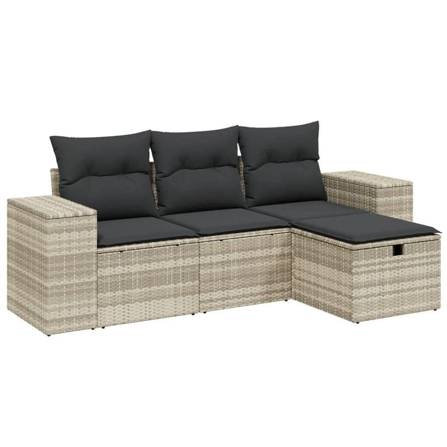 4-delige Loungeset met kussens poly rattan lichtgrijs