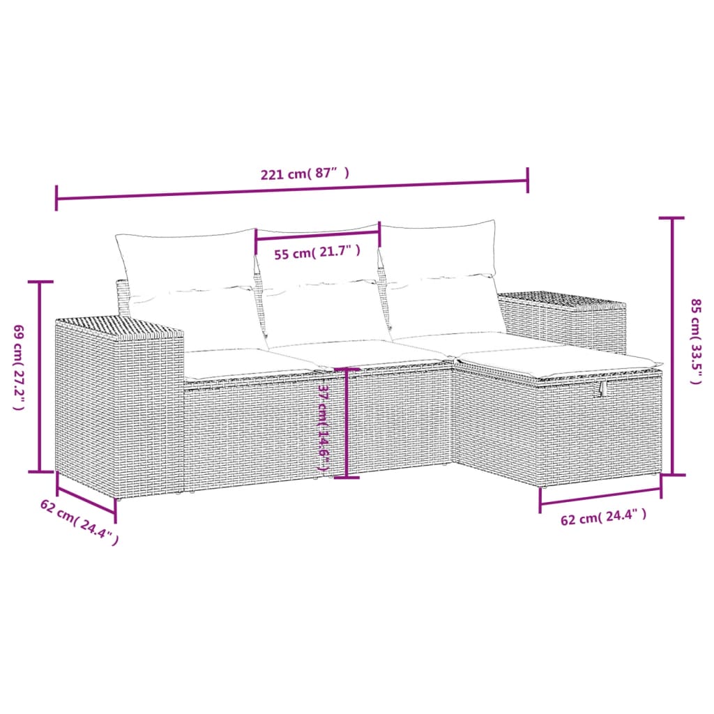 4-delige Loungeset met kussens poly rattan lichtgrijs