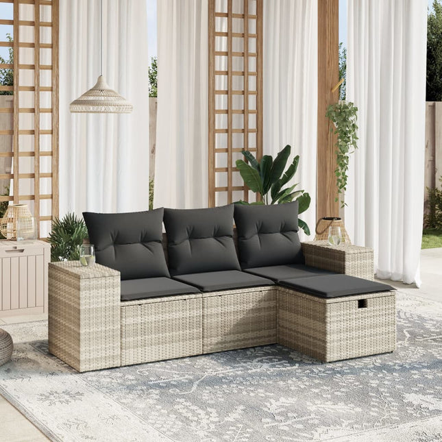 4-delige Loungeset met kussens poly rattan lichtgrijs