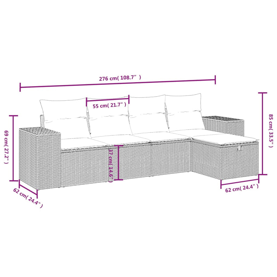 5-delige Loungeset met kussens poly rattan beige