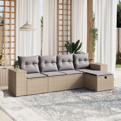 5-Delige Loungeset Met Kussens Poly Rattan Gemengd Beige