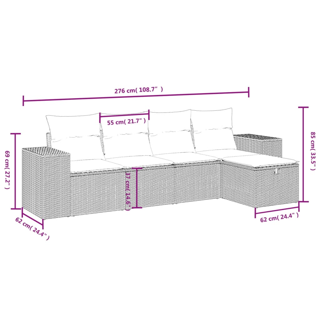 5-delige Loungeset met kussens poly rattan lichtgrijs