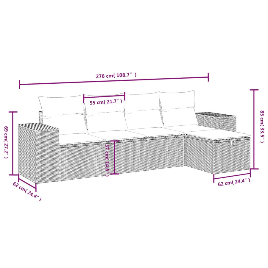 5-delige Loungeset met kussens poly rattan lichtgrijs