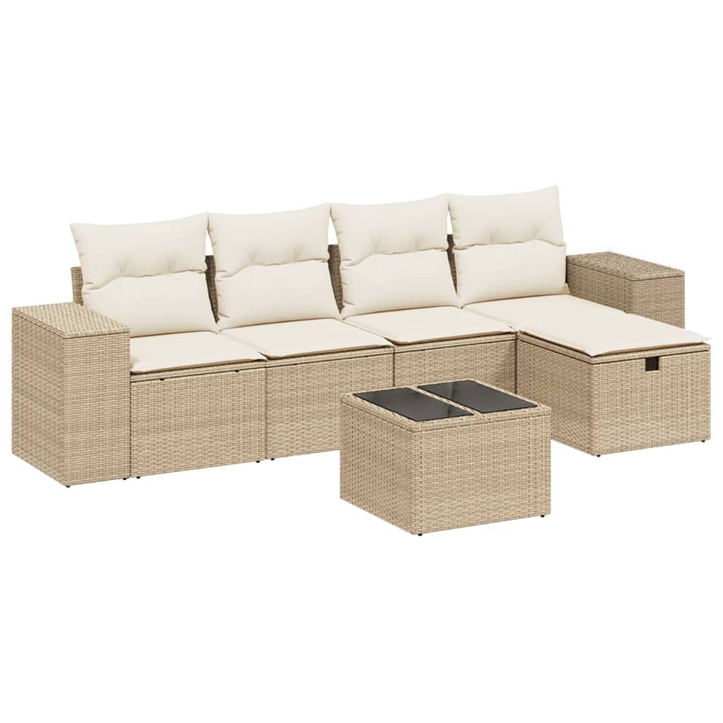 6-delige Loungeset met kussens poly rattan beige