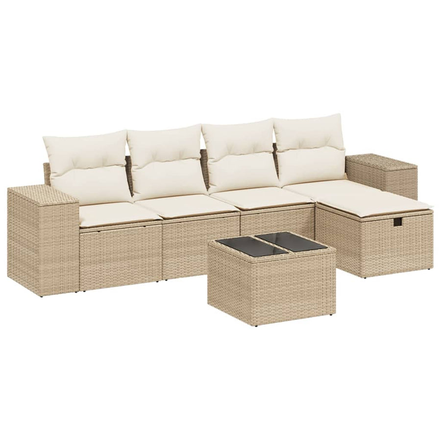 6-delige Loungeset met kussens poly rattan beige