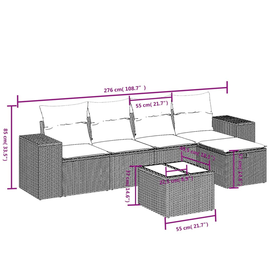 6-delige Loungeset met kussens poly rattan beige