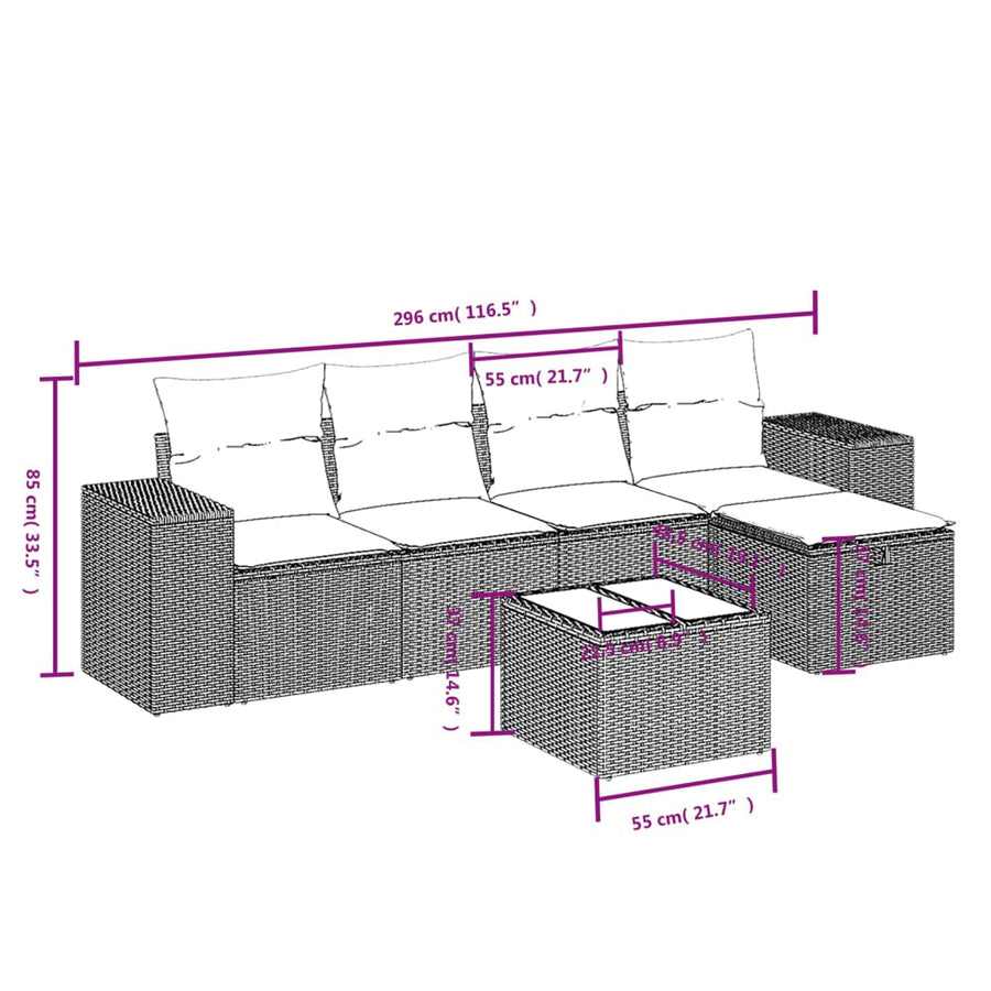6-Delige Loungeset Met Kussens Poly Rattan Grijs