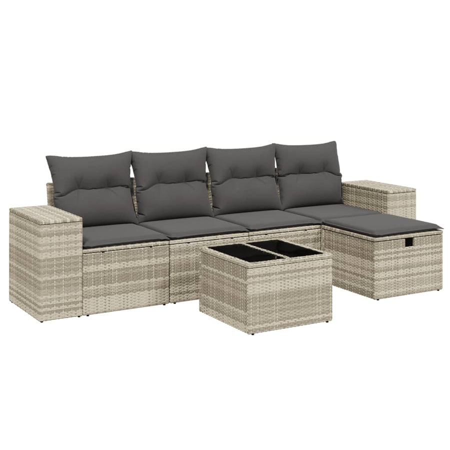 6-delige Loungeset met kussens poly rattan lichtgrijs