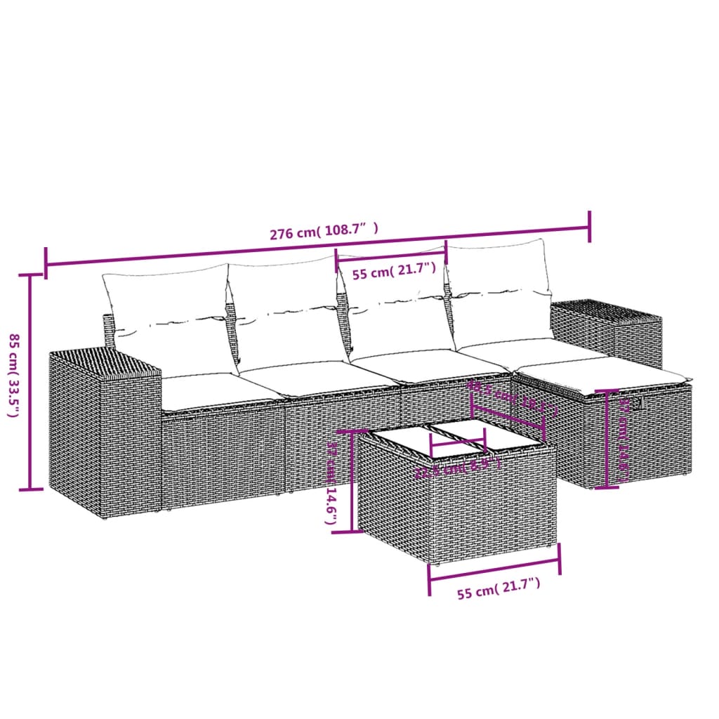 6-delige Loungeset met kussens poly rattan lichtgrijs
