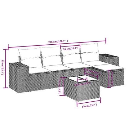 6-delige Loungeset met kussens poly rattan lichtgrijs