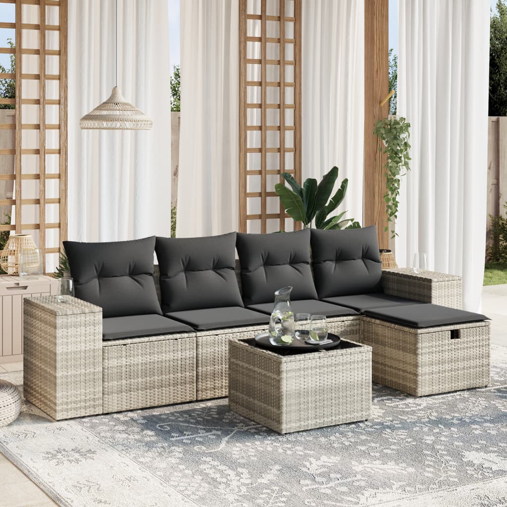 6-delige Loungeset met kussens poly rattan lichtgrijs