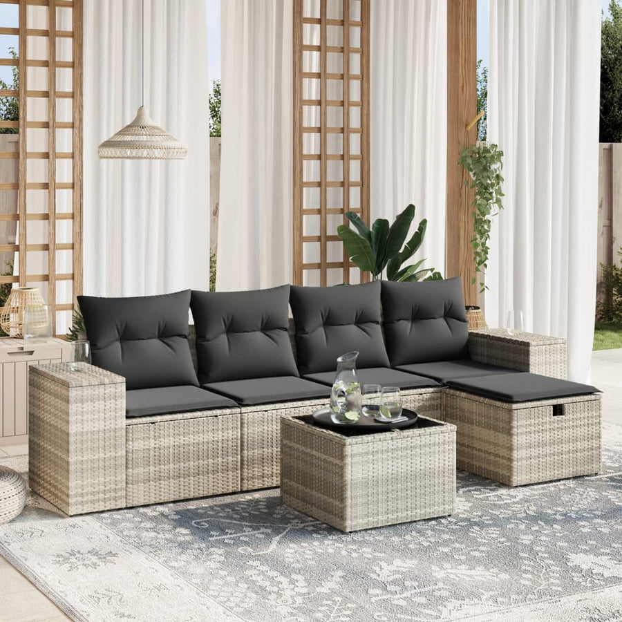 6-delige Loungeset met kussens poly rattan lichtgrijs