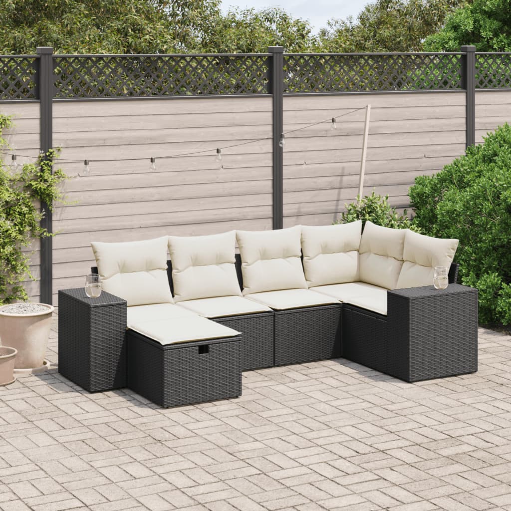 6-delige Loungeset met kussens poly rattan zwart