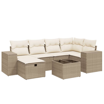 7-delige Loungeset met kussens poly rattan beige