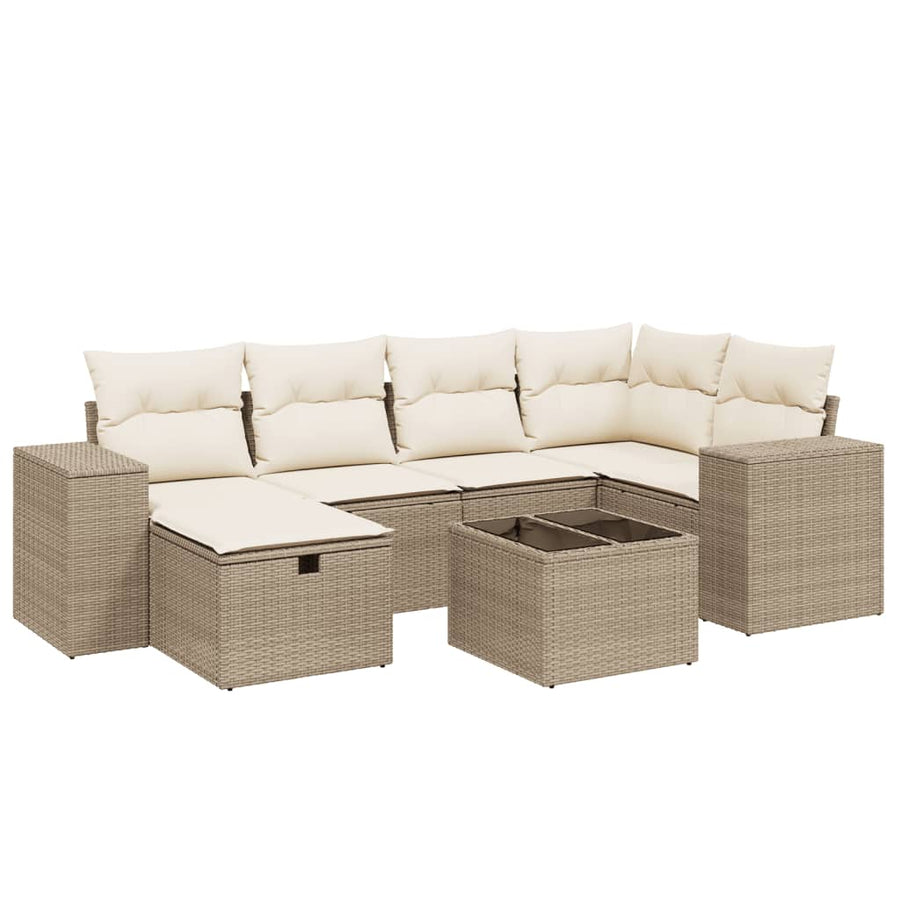 7-delige Loungeset met kussens poly rattan beige