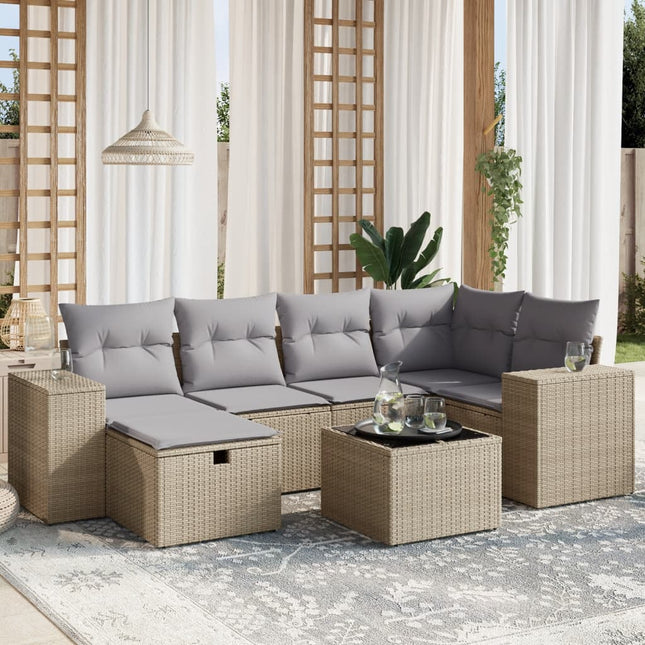 7-Delige Loungeset Met Kussens Poly Rattan Gemengd Beige