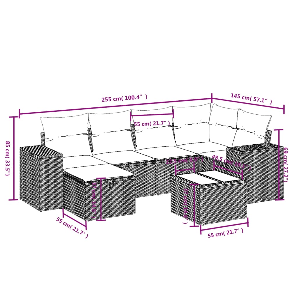 7-delige Loungeset met kussens poly rattan lichtgrijs