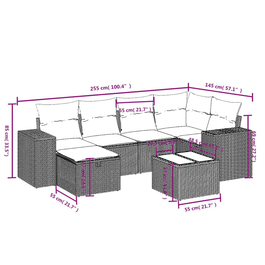 7-delige Loungeset met kussens poly rattan lichtgrijs