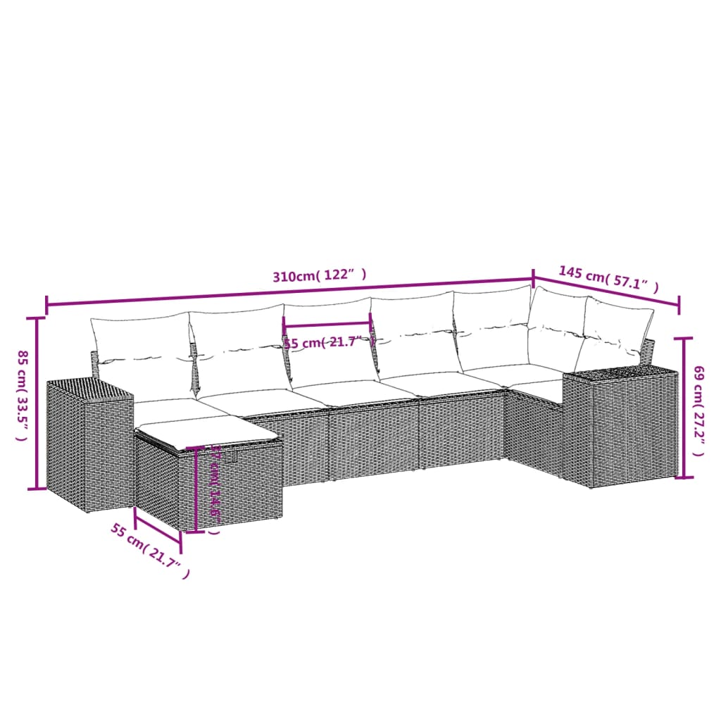 7-delige Loungeset met kussens poly rattan zwart