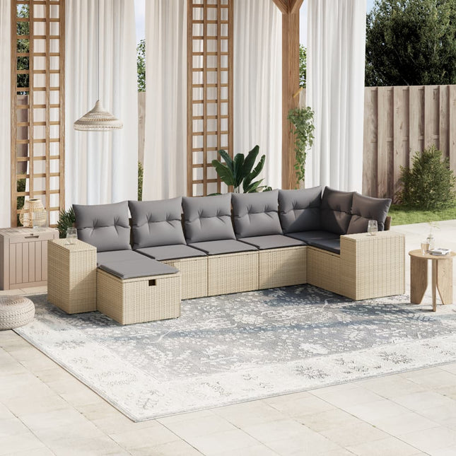 7-Delige Loungeset Met Kussens Poly Rattan Gemengd Beige