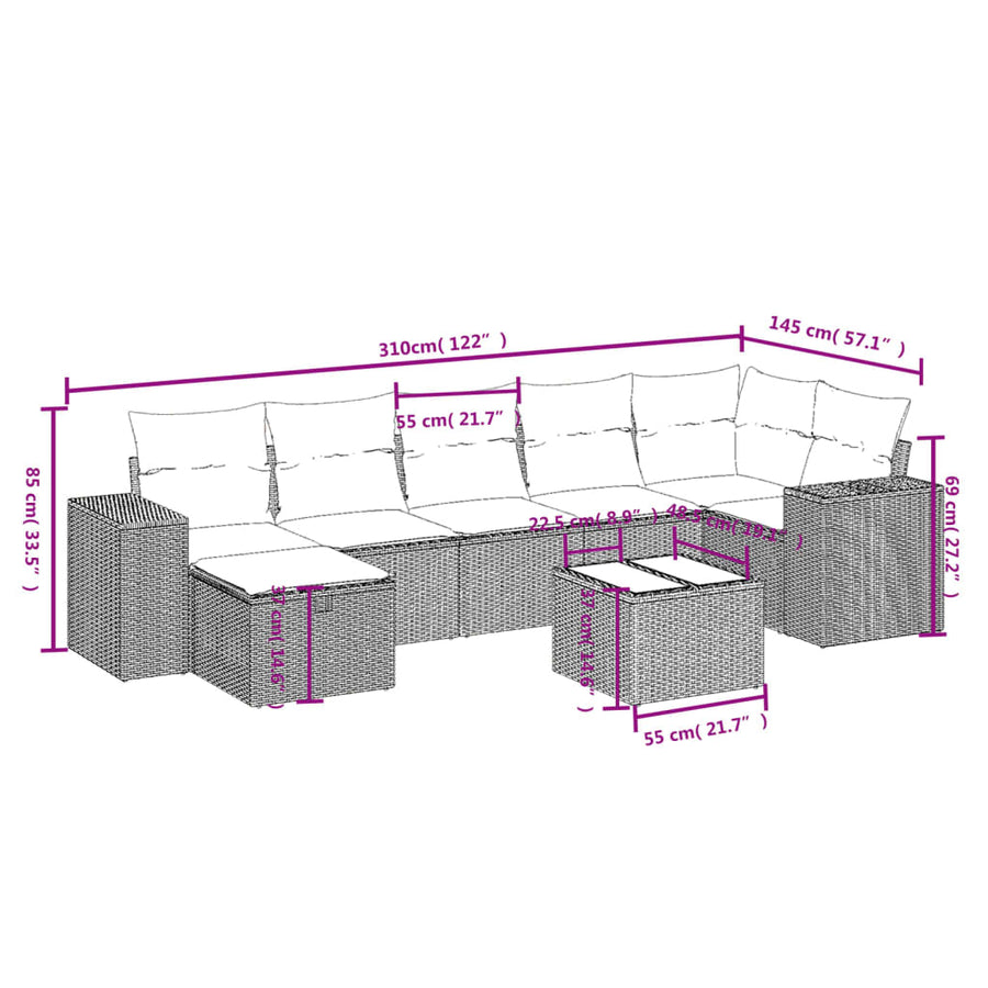 8-delige Loungeset met kussens poly rattan lichtgrijs