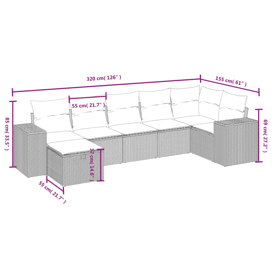 7-Delige Loungeset Met Kussens Poly Rattan Grijs