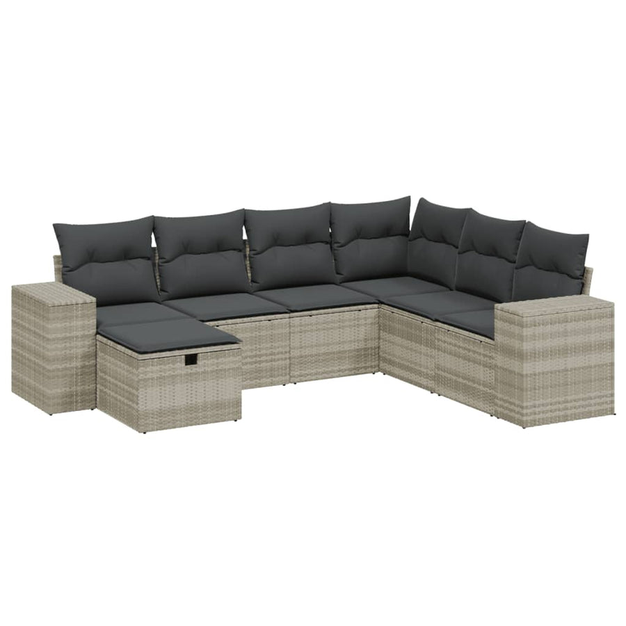 7-delige Loungeset met kussens poly rattan lichtgrijs
