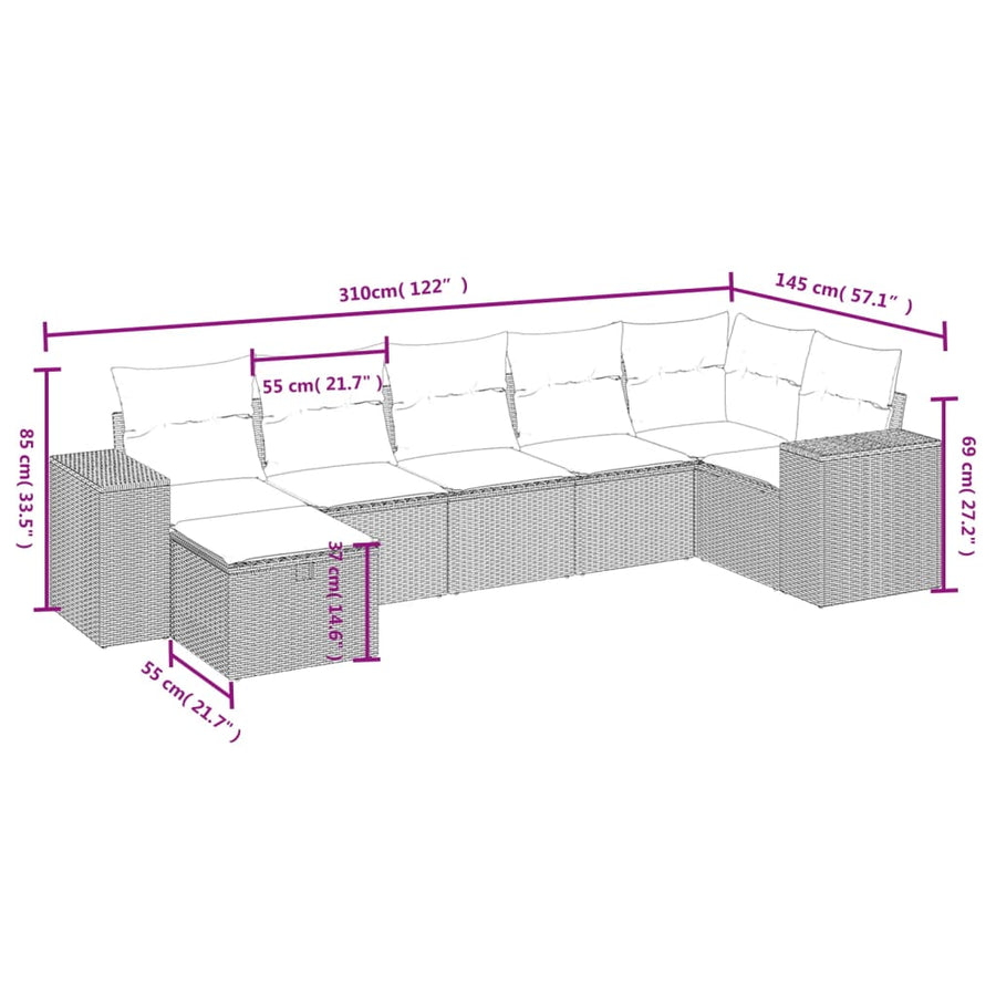 7-delige Loungeset met kussens poly rattan lichtgrijs