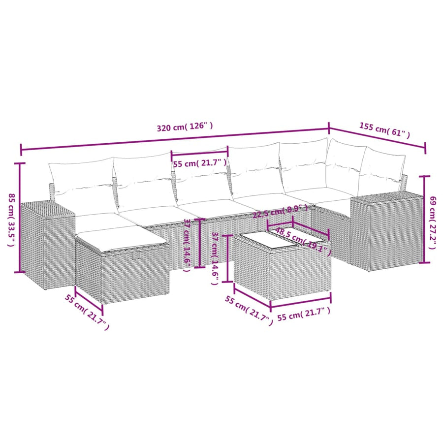 8-Delige Loungeset Met Kussens Poly Rattan Grijs