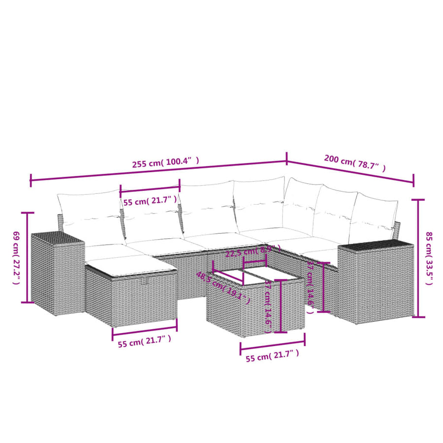 8-delige Loungeset met kussens poly rattan lichtgrijs