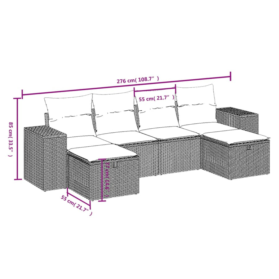 6-delige Loungeset met kussens poly rattan zwart